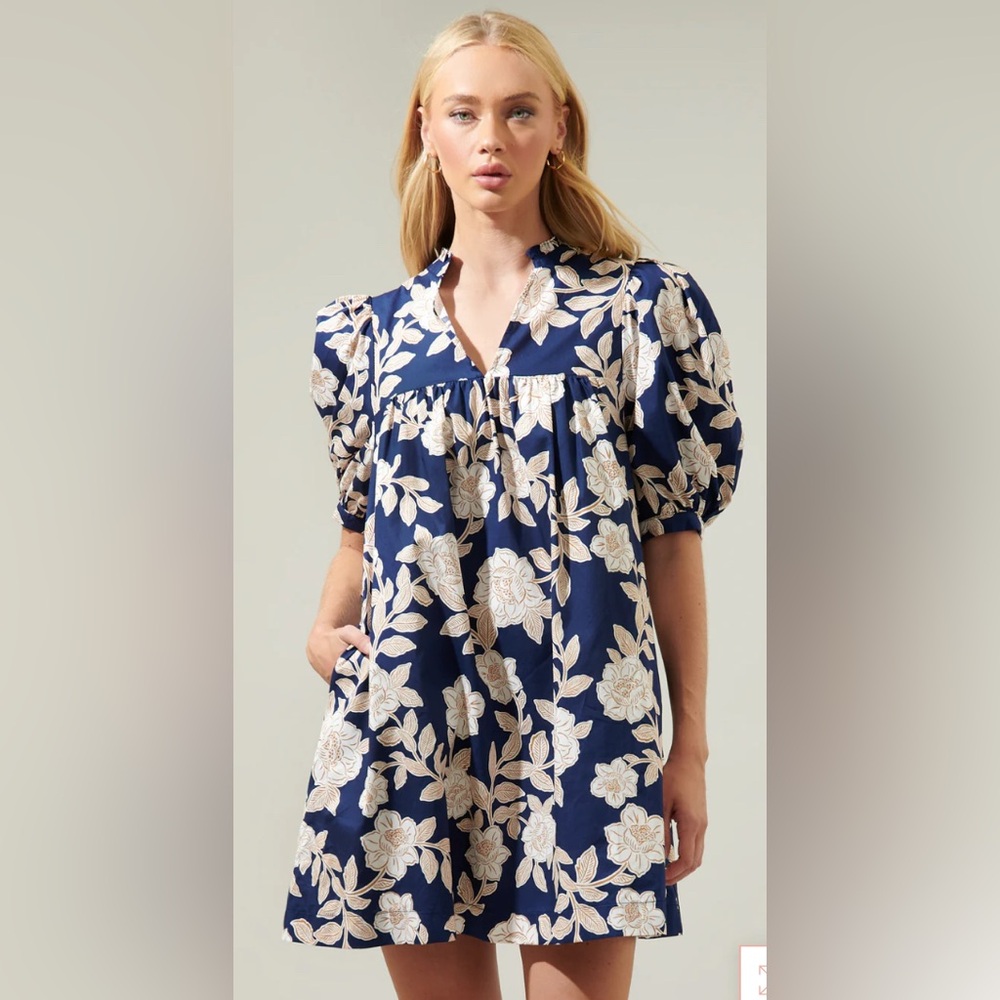 Sugarlips Navy and Cream Leaf Print Dress